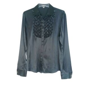 Paperwhite Silk Blend Stretch Pintuck Tuxedo Blouse Women's Sz 14 Black